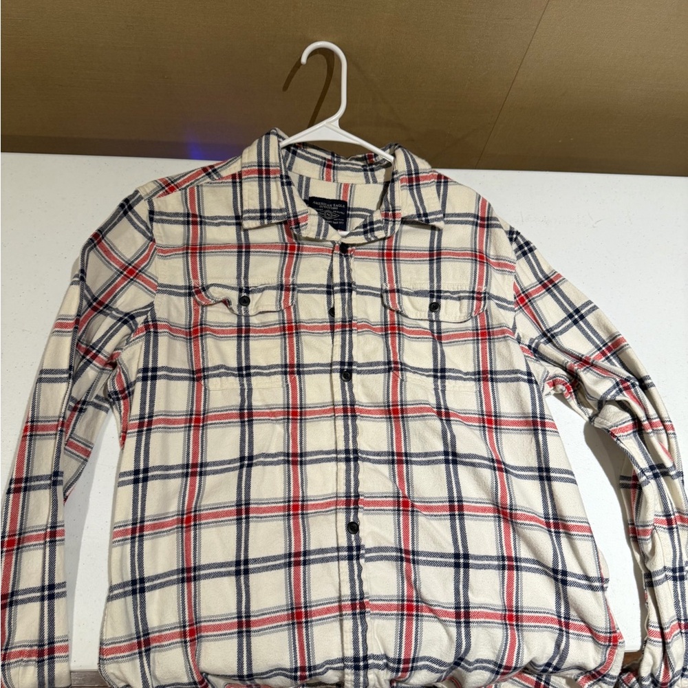 American Eagle Outfitters Cream and Blue Plaid Shirt